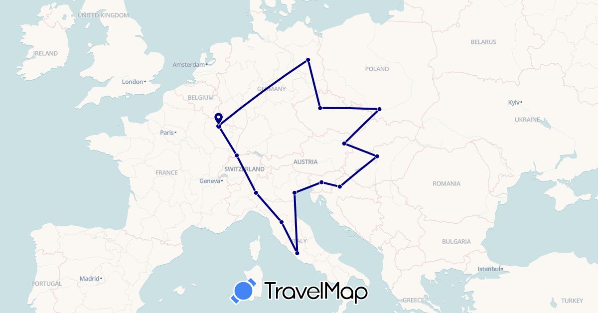 TravelMap itinerary: driving in Austria, Switzerland, Czech Republic, Germany, France, Croatia, Hungary, Italy, Poland, Slovenia (Europe)
